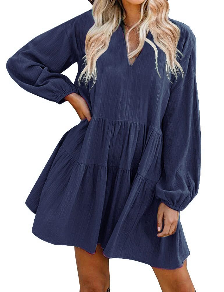FANCYINN Long Sleeve Shift Tunic Dress Ruffle Swing Babydoll Juniors Mini Navy Blue Ruffle Dress with Pockets L - Image 1